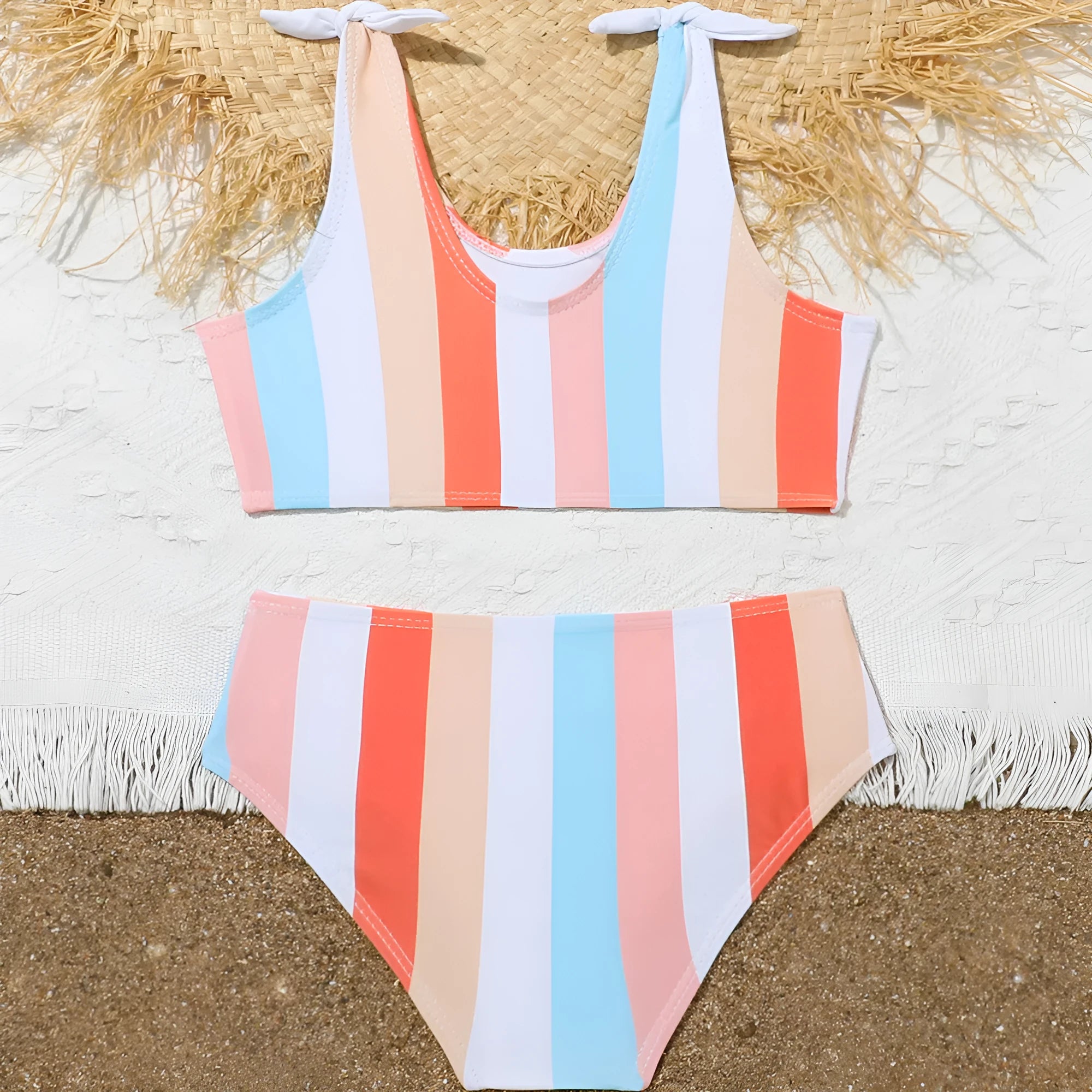 Girls printed plaid swimsuit set with briefs, polyester lining, sizes 2-3T to 11-12T, multiple colours