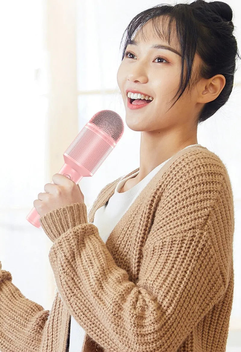 Wireless Bluetooth karaoke microphone with USB recording in pink, blue, or green colour