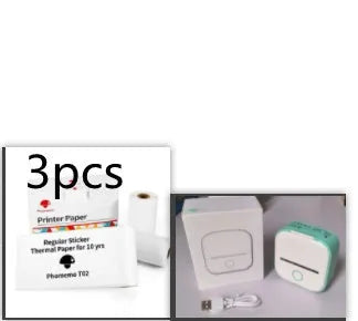 Phomemo T02 mini thermal label printer in white, showing front view with roll of sticky paper
