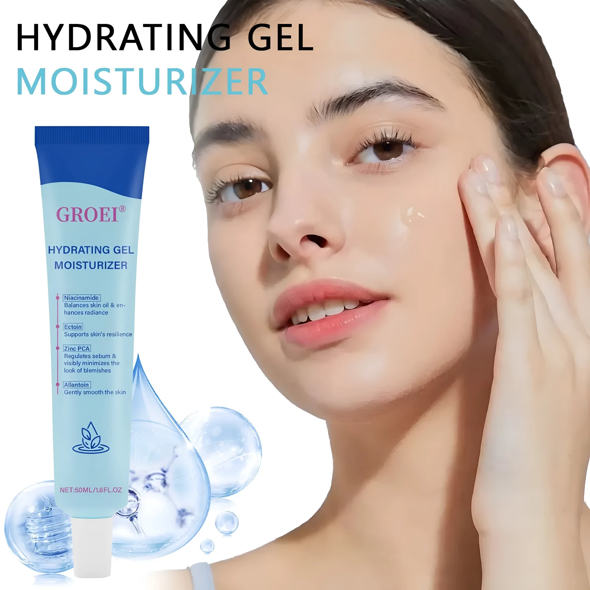 Tube of 50ml moisturising facial gel with hyaluronic acid for hydration.