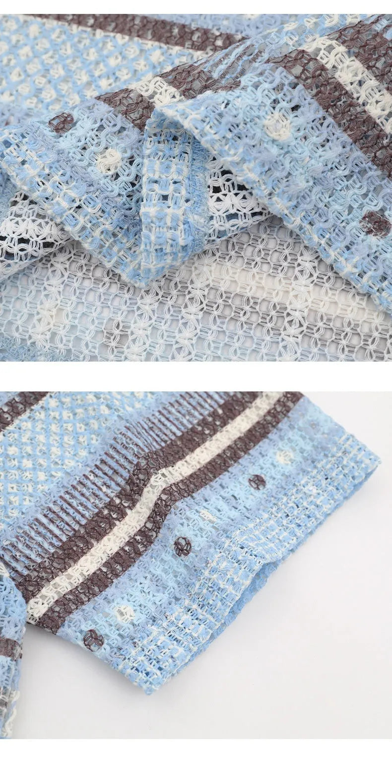 Men's blue printed short sleeve shirt with loose fit and elastic polyester fabric