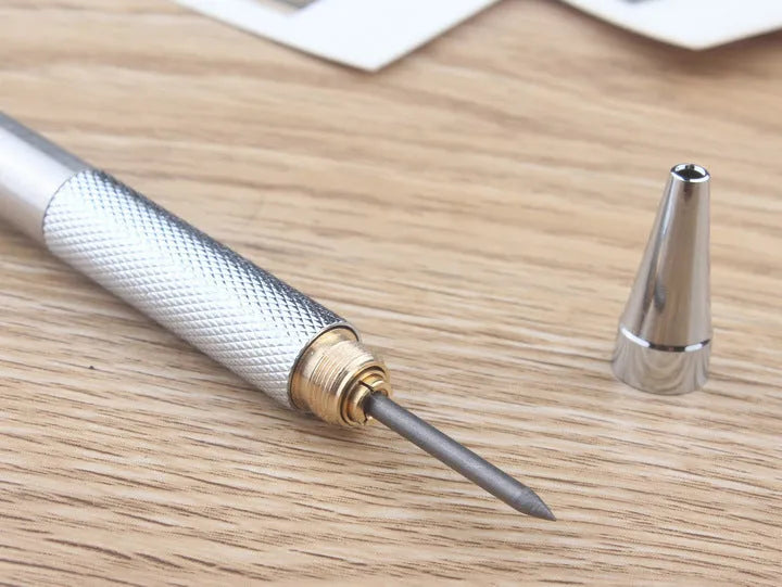 Metal automatic mechanical pencil with various lead specifications displayed