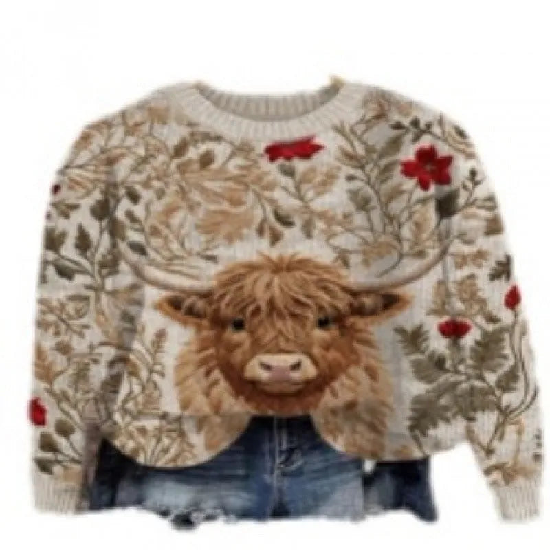 Women's round neck sweater with a small digital floral print in a solid colour.