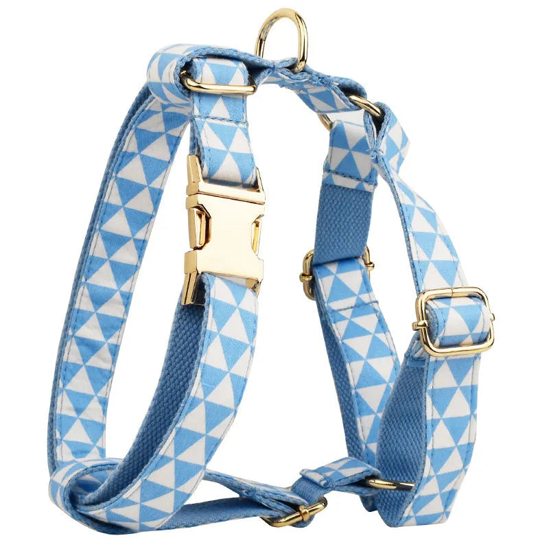 Blue triangular ring rope cloth dog collar, leash, bow, and vest set in multiple sizes XS to XL
