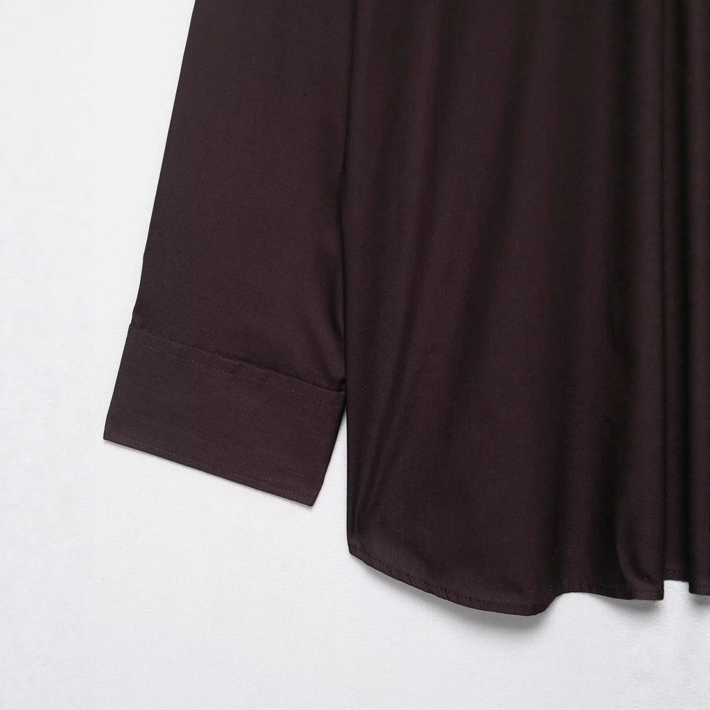 Brown women's loose fit poplin shirt with long sleeves and a scarf bow tie detail.