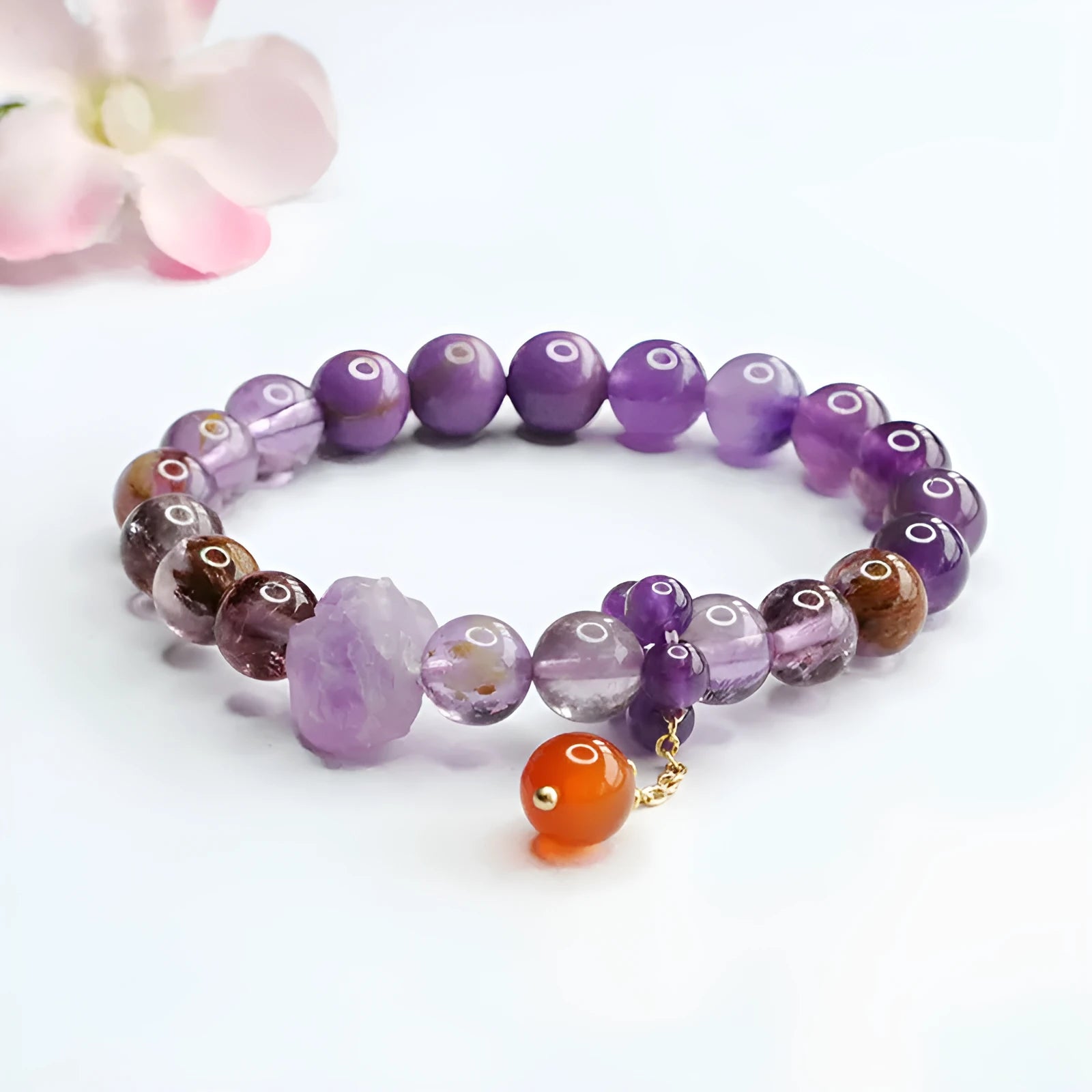 Nine purple amethyst and red agate crystal bracelet in mori style with 7-8mm beads