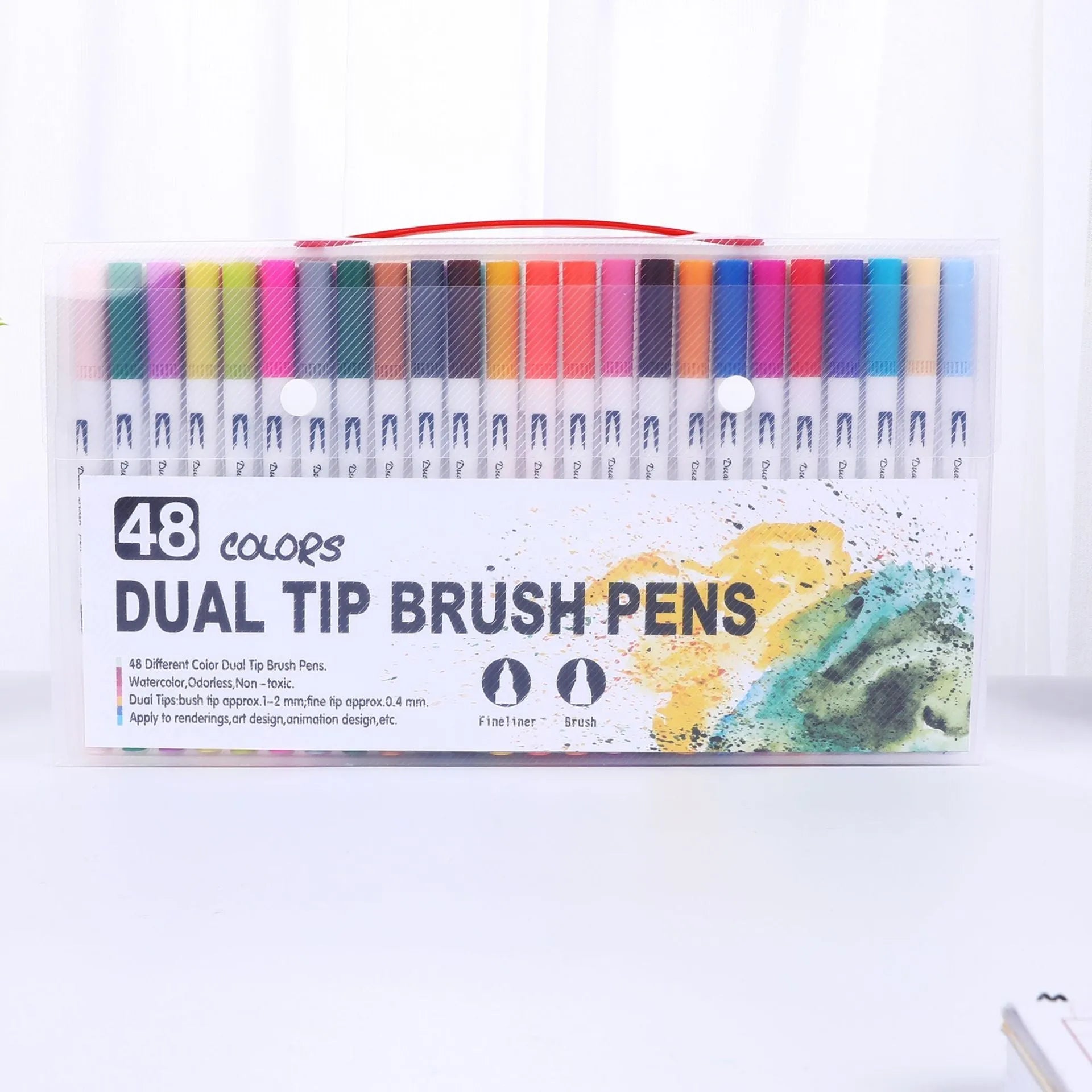 Watercolour pen sets in plastic cases showing 48, 60, 72, and 100 colour options for artists