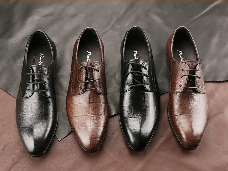 Men's black checkered cow leather derby shoes with pointed toe and handcrafted sewing detailing