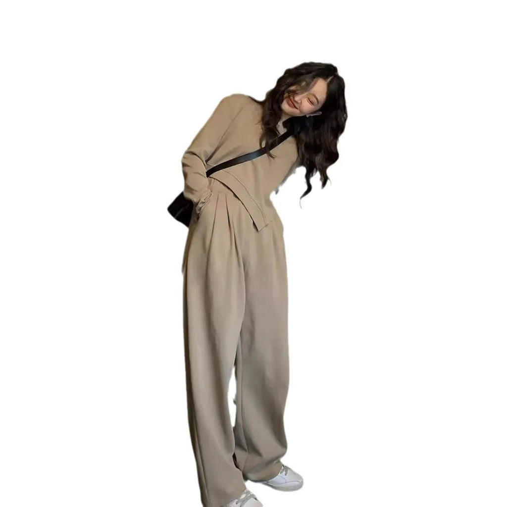 Women's casual sports suit set in khaki colour with top and trousers