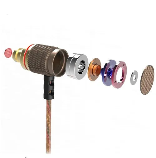 Brown in-ear headphones with metal subwoofer housing and L-bend 3.5mm plug on white background