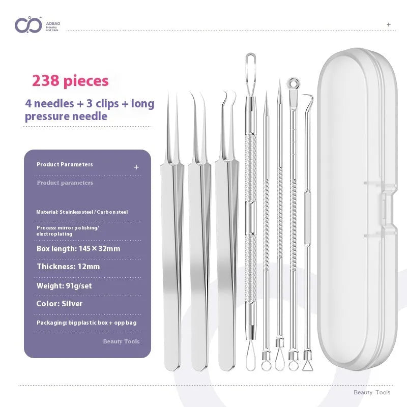 Set of four silver metal acne needles with pointed tips on a white background.