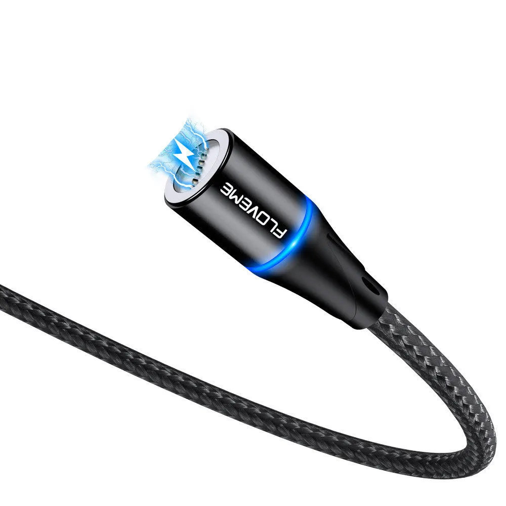 Black magnetic data cable with LED light and interchangeable iPhone, Android, and Type-C heads.