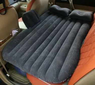 Thick flocking inflatable car air bed set with pump and pillows for five-seater vehicles.