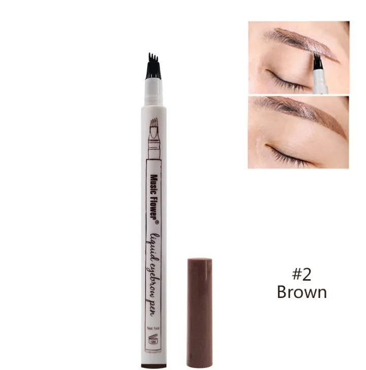 Waterproof four-tip eyebrow pen with fork tip applicator for natural hair-like brow strokes, 1ML liquid tint