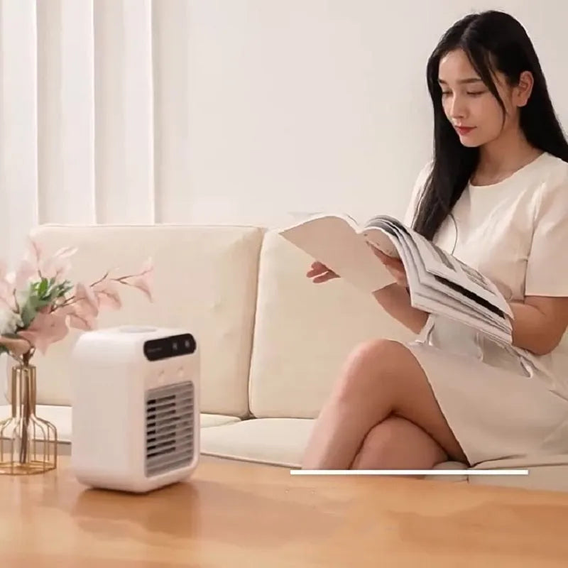 Ivory white portable USB air cooler fan with touchscreen control and water tank