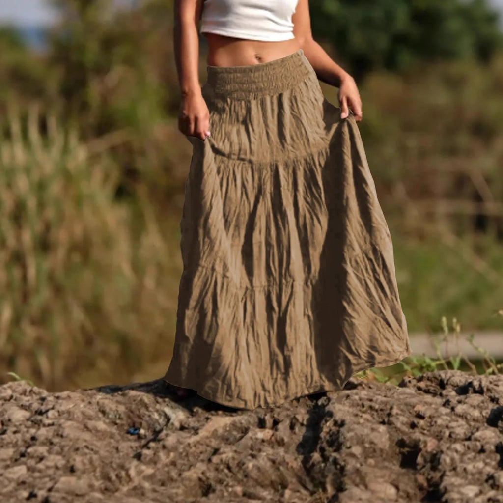 Women's waist smocking mid-length retro skirt in viscose fibre with folding detail, available in multiple colours and sizes