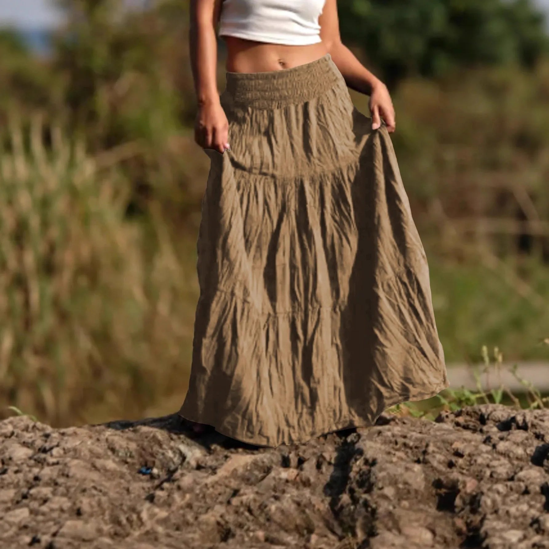 Women's waist smocking mid-length retro skirt in viscose fibre with folding detail, available in multiple colours and sizes