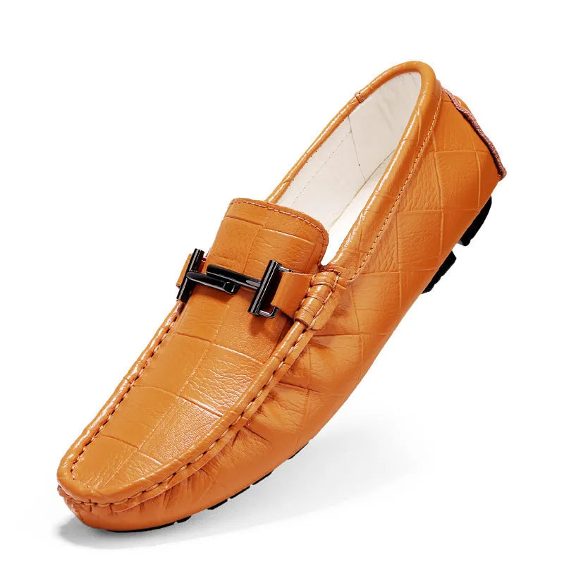 Men's casual leather shoes with belt buckle in black, blue, bronze, and white colours