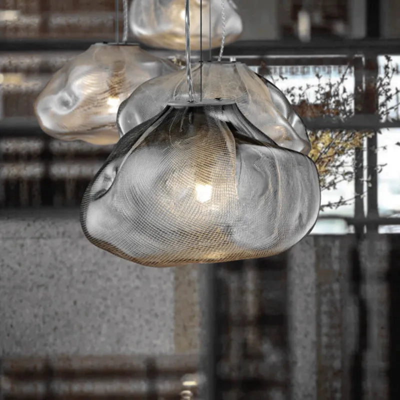 Postmodern light luxury glass chandelier in clear, amber, or smoke grey, showing 200mm and 300mm size options.