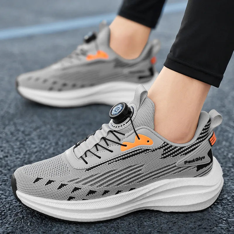 Men's black and gray Fly-knit casual running shoes with a rotating buckle on the laces.
