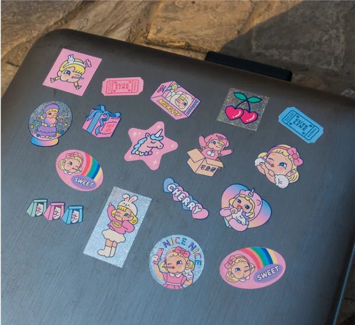 Square PVC cartoon sticker set with 16 stickers and storage box in comics style