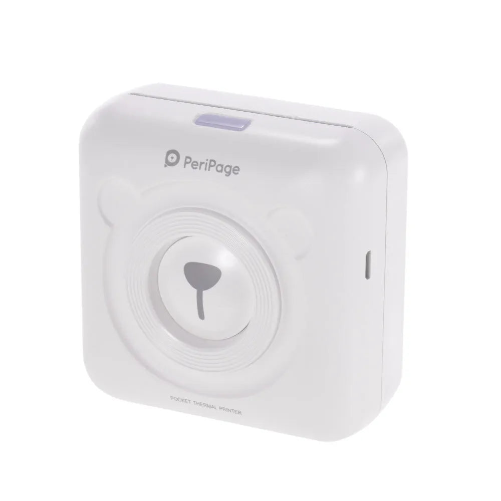 Portable mini thermal label printer in white, 7.9 x 7.9 x 4.2cm, with rechargeable battery and thermal paper roll