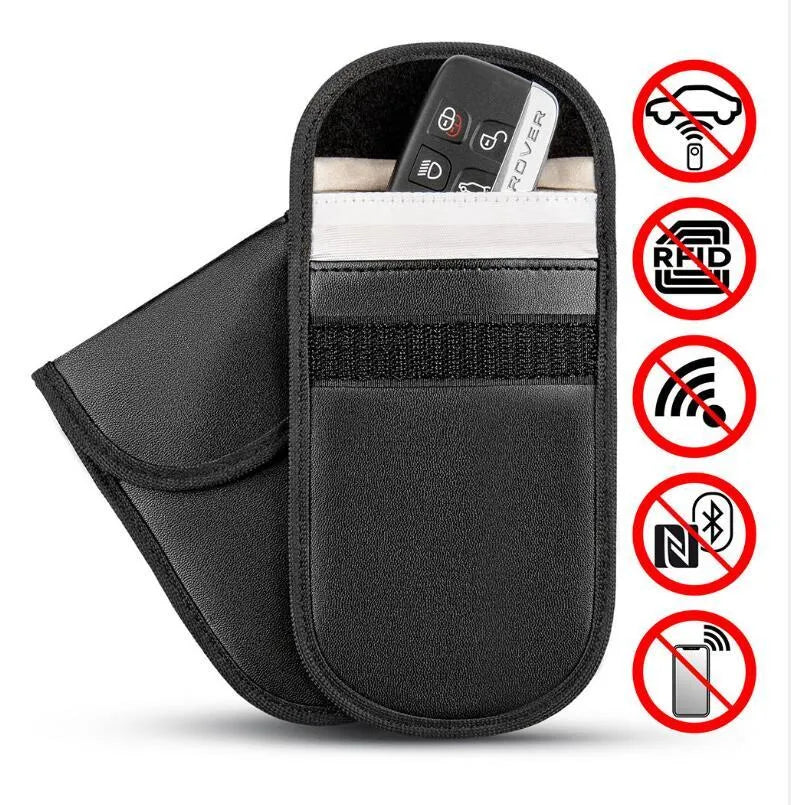 Black microfiber Faraday cage bag for blocking car key fob and mobile phone signals.