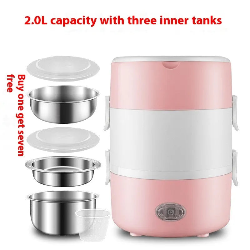 Portable plug-in insulated lunch box with stainless steel inner liner, double layer pink colour, and mains power cord