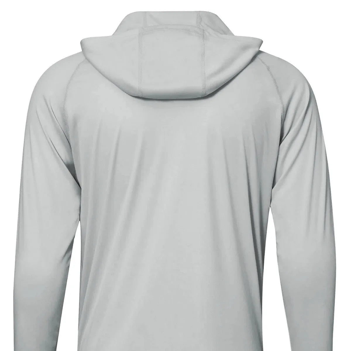 Man wearing a thin grey long sleeve hooded top for outdoor sun protection during fishing or hiking.