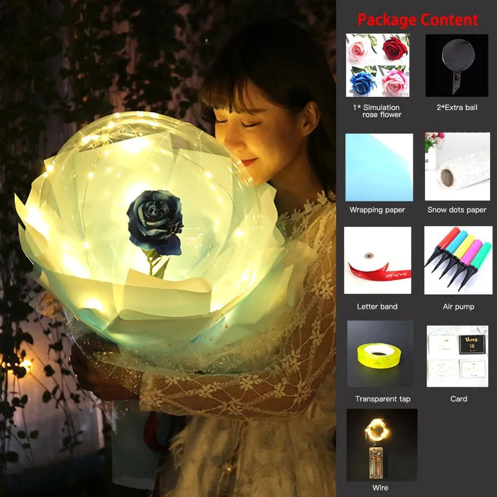 Transparent LED luminous balloon with artificial rose and built-in light, shown as a DIY bouquet kit.
