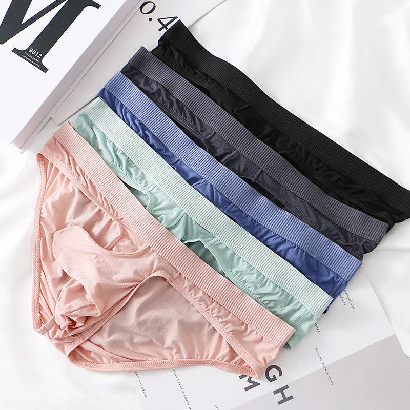 Men's low waist ice silk briefs in multiple colours showing brief styling and fabric detail