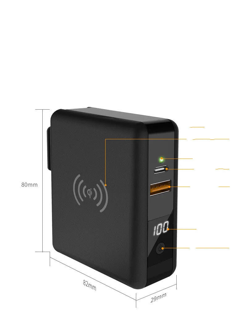 Black PD20W power bank with wireless charging and flip-out UK US EU AU plug adapters