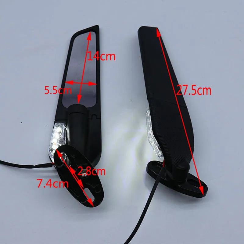 Pair of motorcycle rearview mirrors with yellow running lights and a convex lens, made from aluminium alloy.