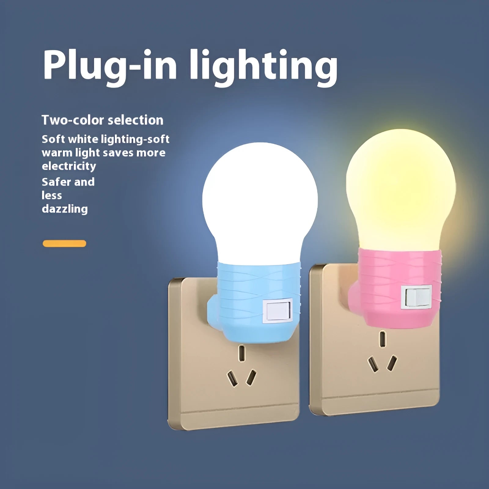 Compact round plug-in bedside baby lamp in white, blue or pink with white or warm light options