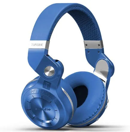 Bluedio T2 Plus on-ear Bluetooth headset in blue, showing headband, ear cups, and cabling.