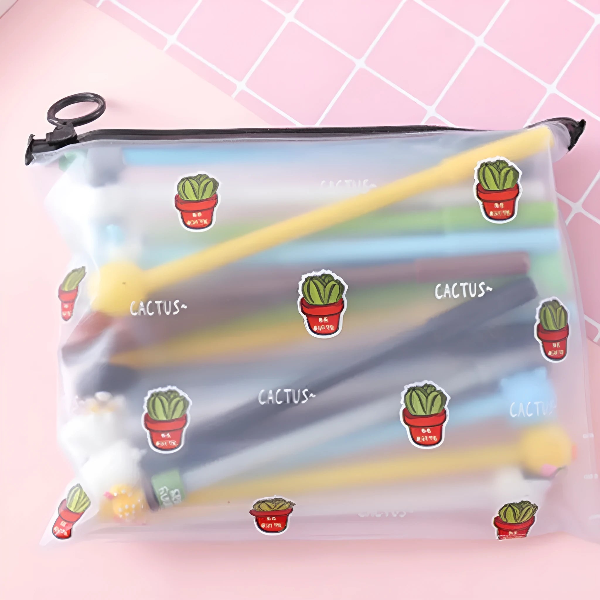Marvel cartoon cactus boy and girl design pens in a plastic storage case.