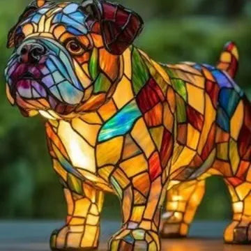 Colourful resin dog lamp decoration in pug shape, button battery powered, on a shelf