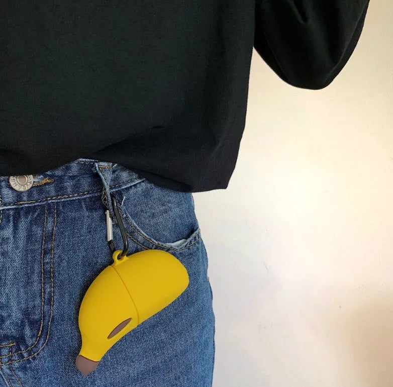 Yellow banana-shaped silicone protective case for Apple AirPods Pro and AirPods 3rd generation.