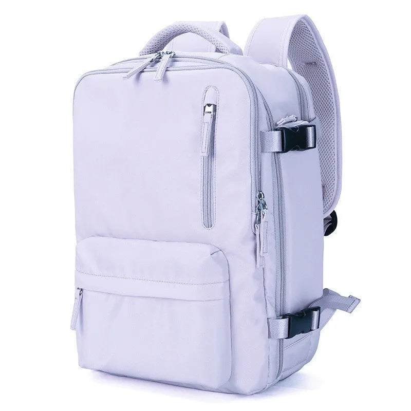 Large black nylon mummy-style travel backpack with a waterproof lining.