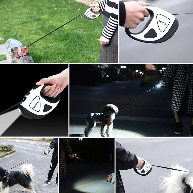 Retractable dog leash with LED light and anti-slip handle in red colour on white background
