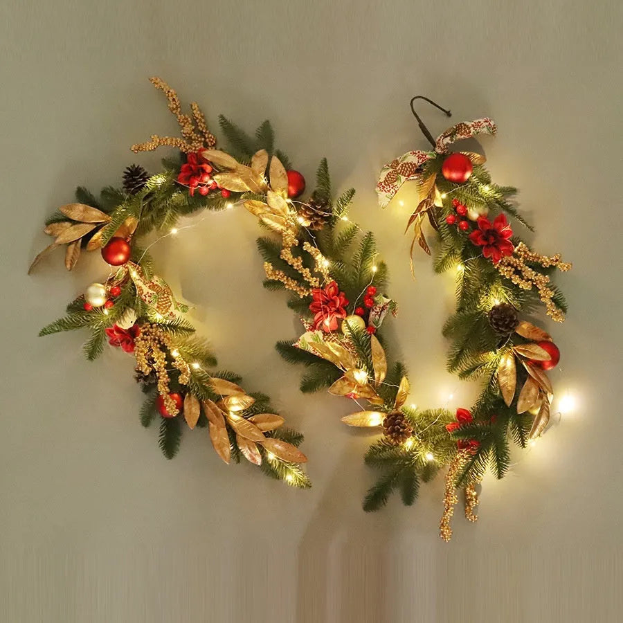 American country style artificial pine Christmas garland with optional LED lights in stair wall mounting configuration