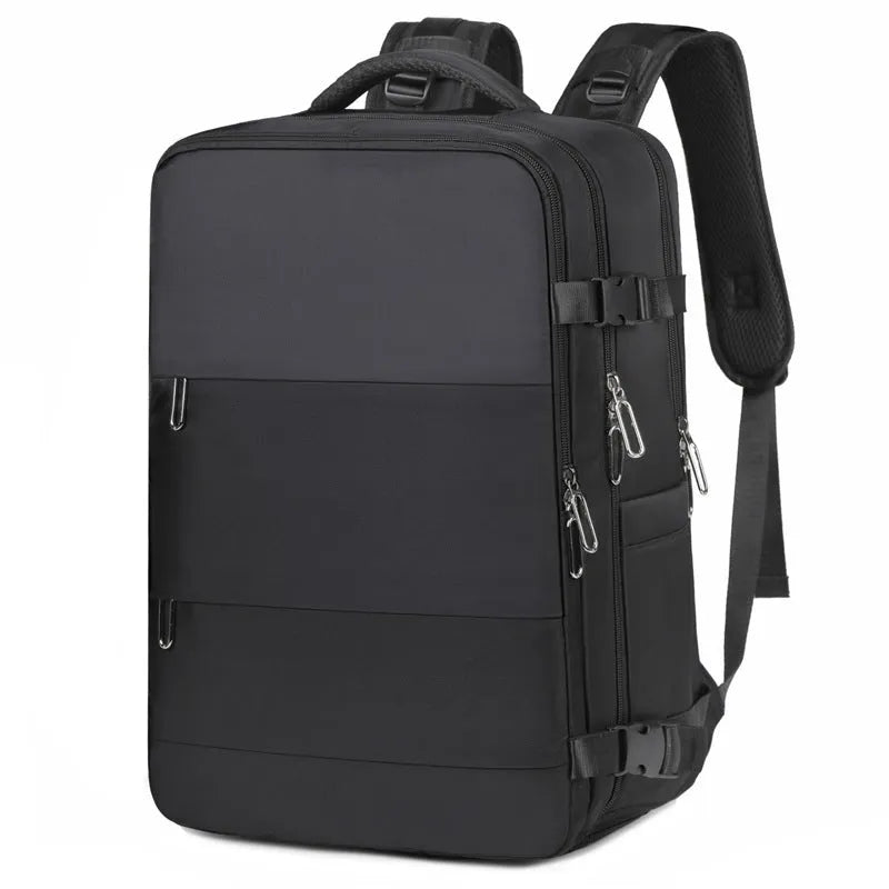 Large-capacity travel backpack in purple, grey, black, or pink with organised compartments and waterproof Oxford fabric