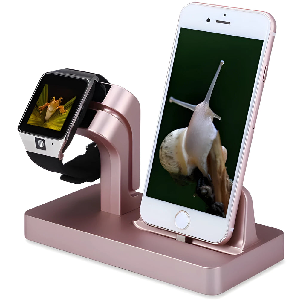 White 2-in-1 charging dock holding an iPhone and an Apple Watch on a wooden desk.