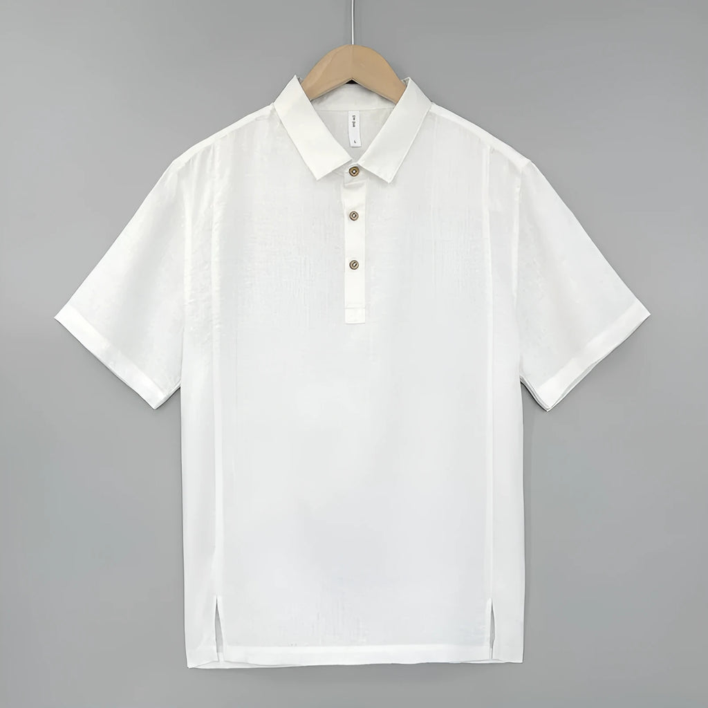 Men's light linen summer top with thin lapels and short sleeves in loose fit