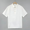 Men's light linen summer top with thin lapels and short sleeves in loose fit