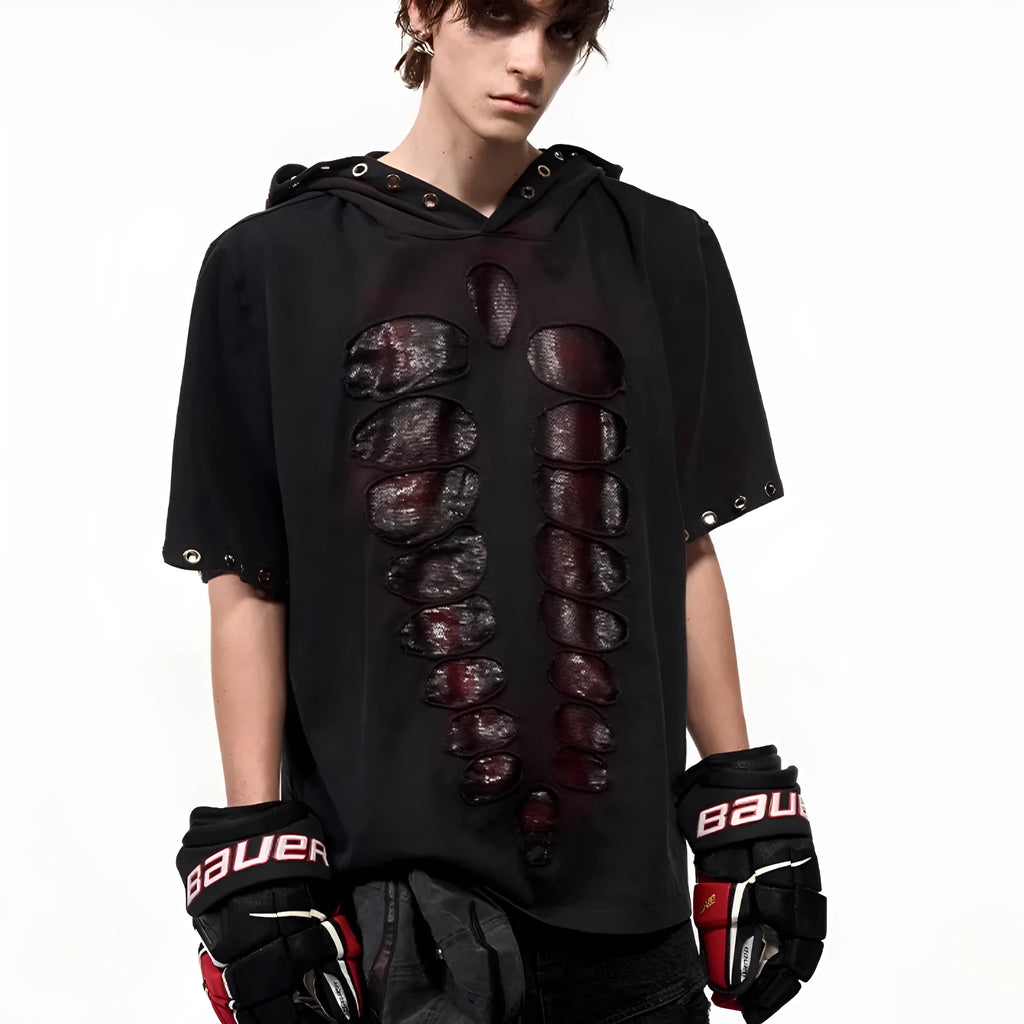Black men's hooded t-shirt with sequin detailing and short sleeves in loose fit