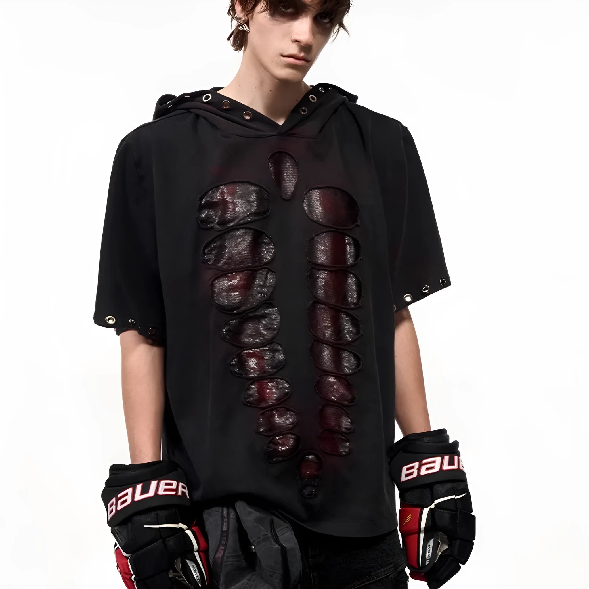Black men's hooded t-shirt with sequin detailing and short sleeves in loose fit
