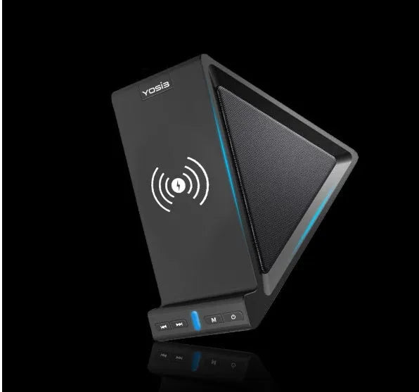 Black multifunctional Bluetooth speaker with integrated phone holder and wireless charging pad showing front and side views.