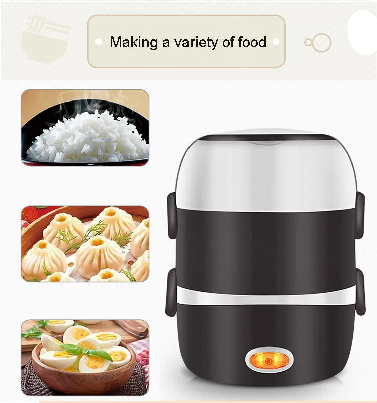 USB-powered electric lunch box showing 190mm dimensions and layered design