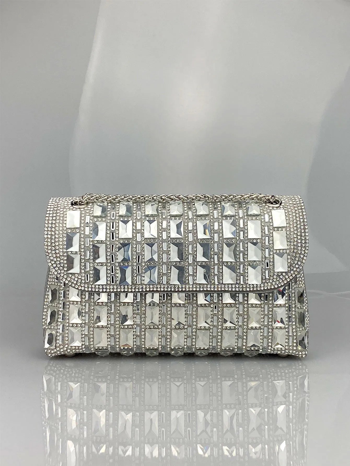 Shiny glass rhinestone chain clutch in horizontal square PU shape with black colour and open pocket